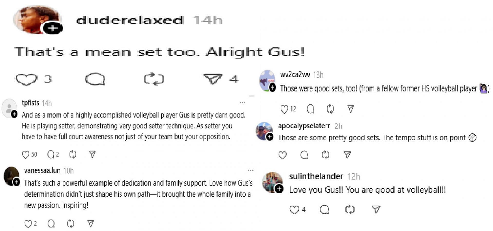 Fans react to Gus Walz playing volleyball (Source: Threads/ duderelaxed)